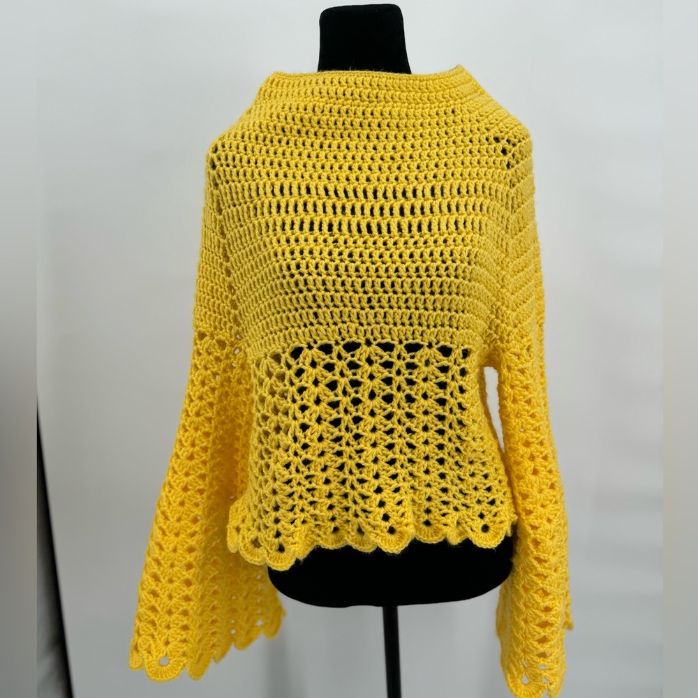 Unbranded Crocheted Yellow Bell Sleeve Top Great Pattern‎ measurements in photos